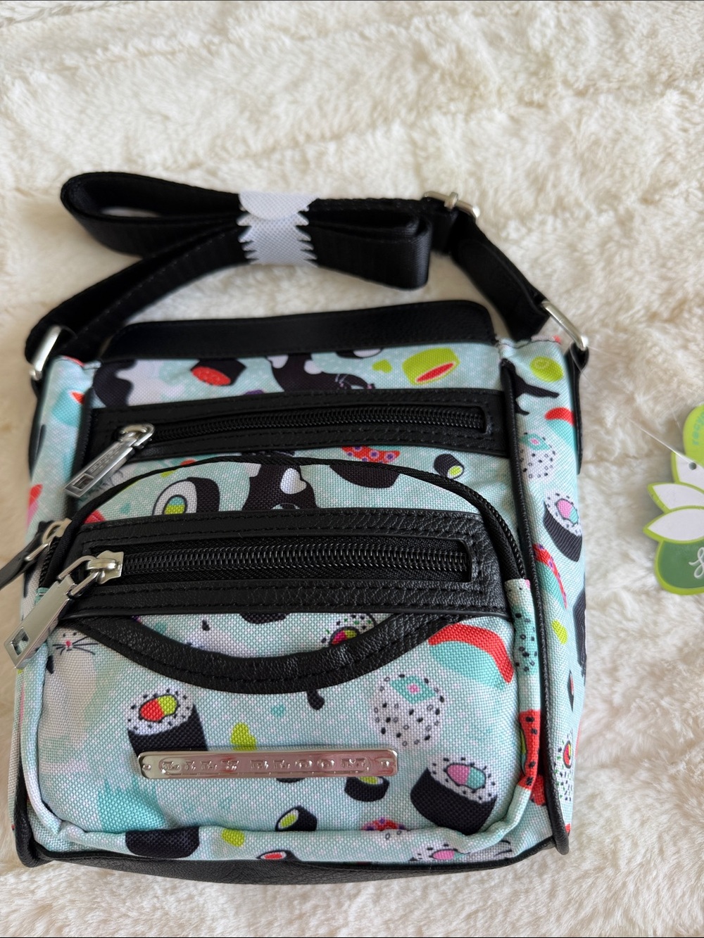 Lily Bloom Kids Sushi Print Crossbody Bag in Light Aqua with Black Trim